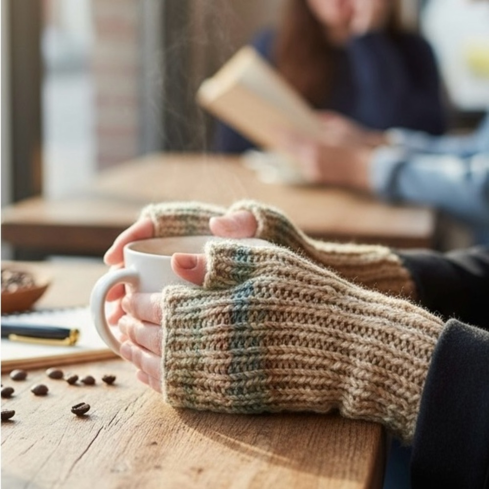 Gloves Fingerless Hand Crafted Tan Blue Green Knit Boho Winter Essential